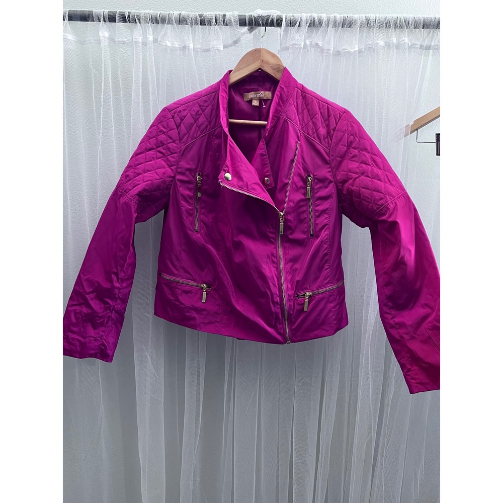 Ellen Tracy Womens Magenta Pink Quilted Moto Biker Jacket Gold Zip Size M